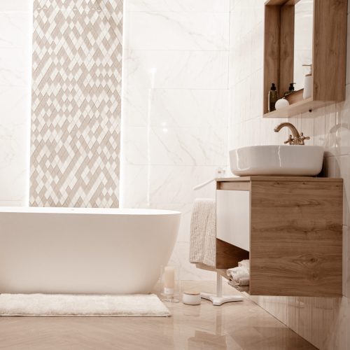 Modern bathroom interior with decorative elements. space for text.